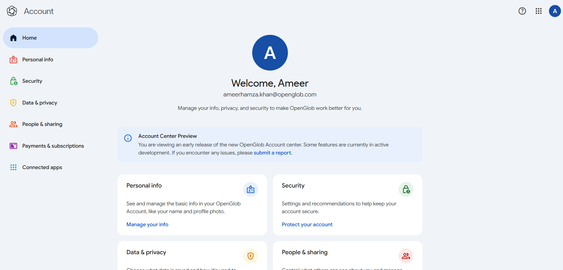 OpenGlob Account Dashboard